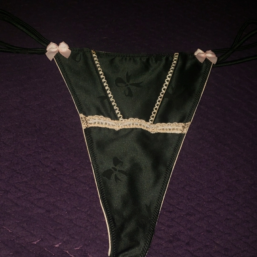Black Satin Thong with Pink Lace Trim